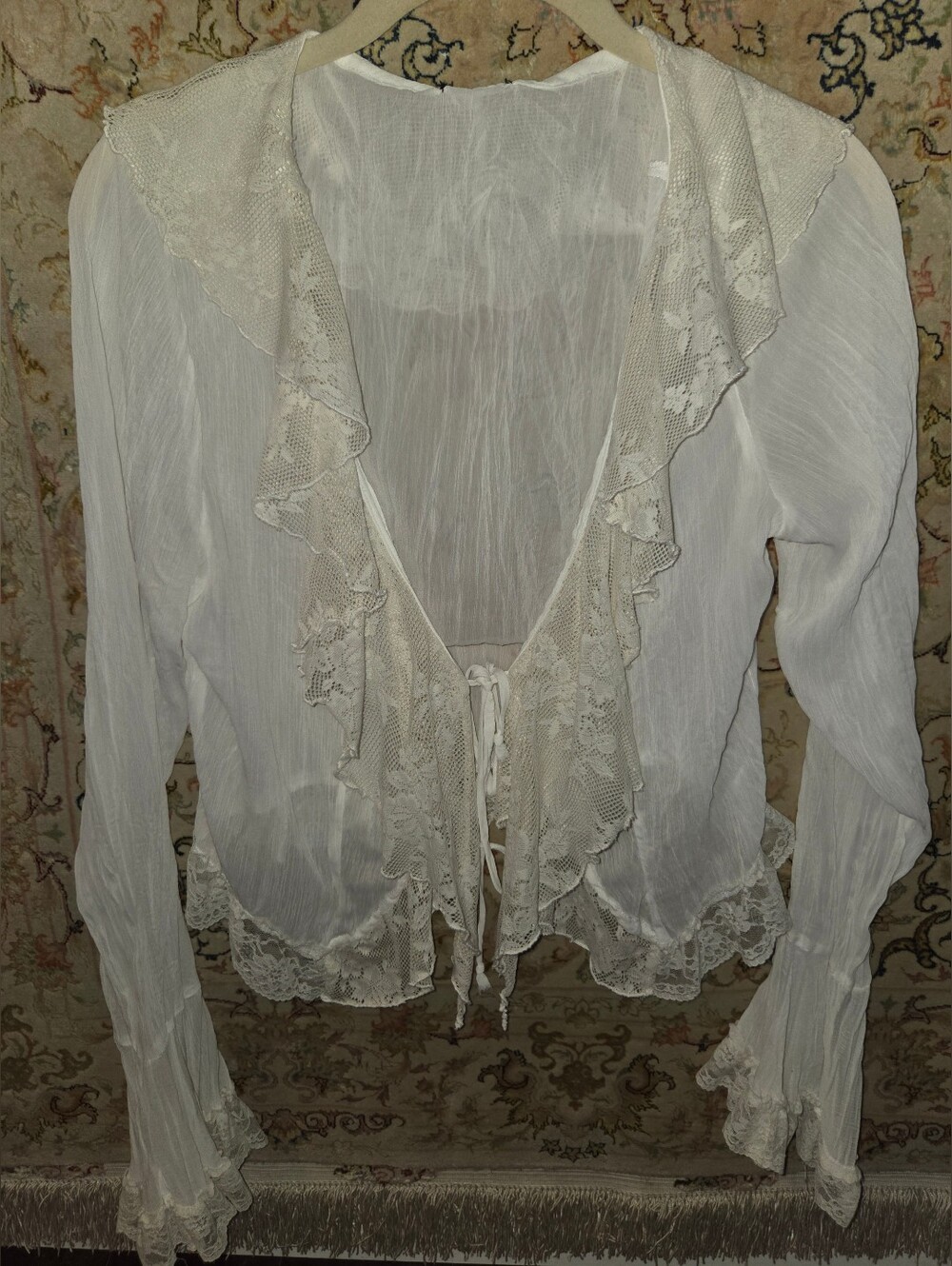 Ruffled White Lolita Lace Trimmed Blouse Layered Under Pinstripe Vest - Picture 3 of 15